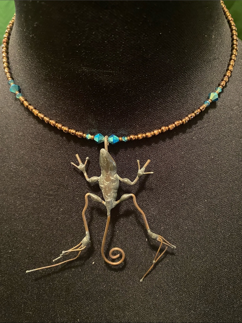 Handcrafted Bronze Frog Pendant Necklace with Teal Accents